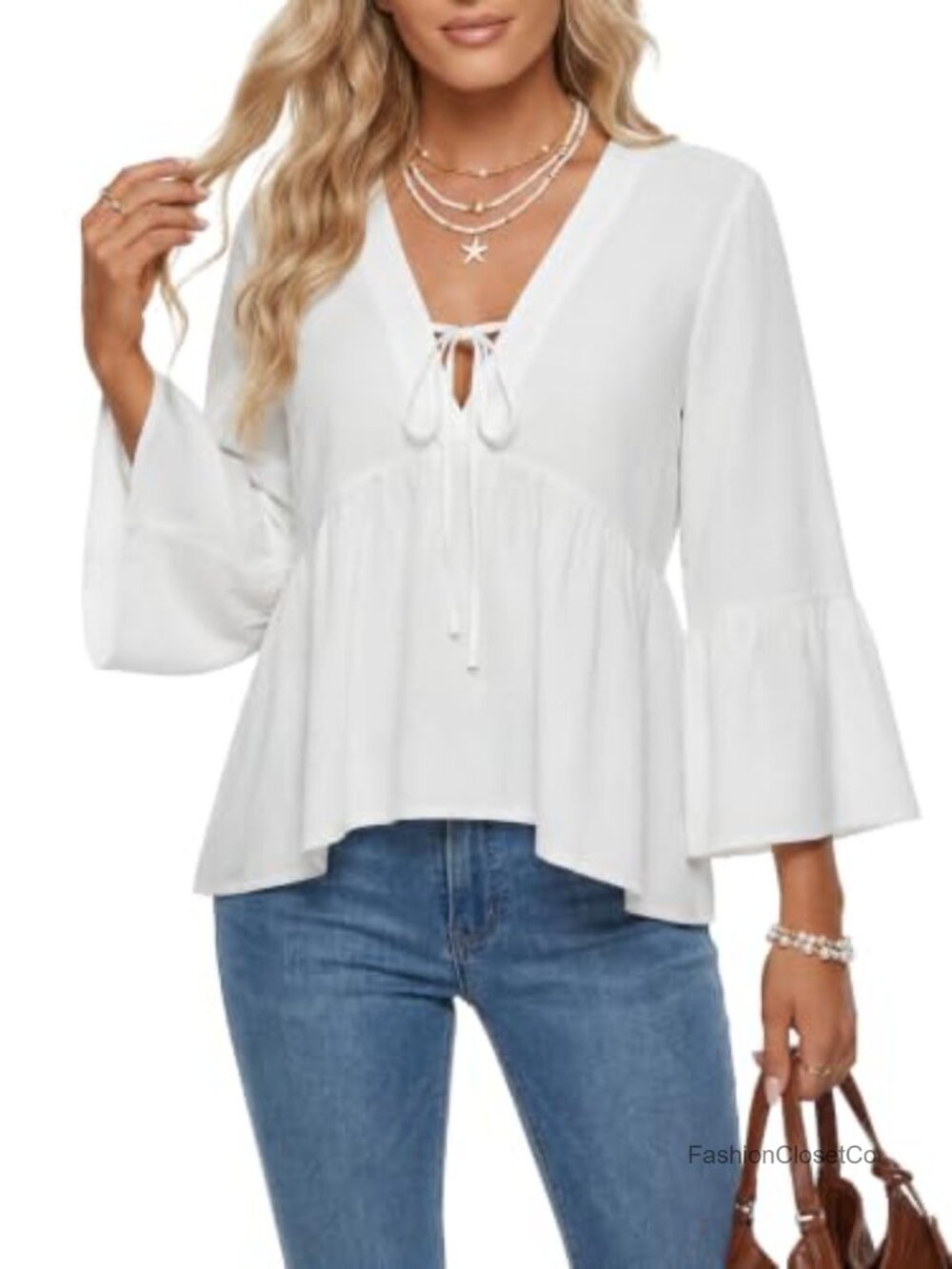 V Neck 3/4 Bell Sleeve Babydoll Peplum Blouse Flowy Tie Front